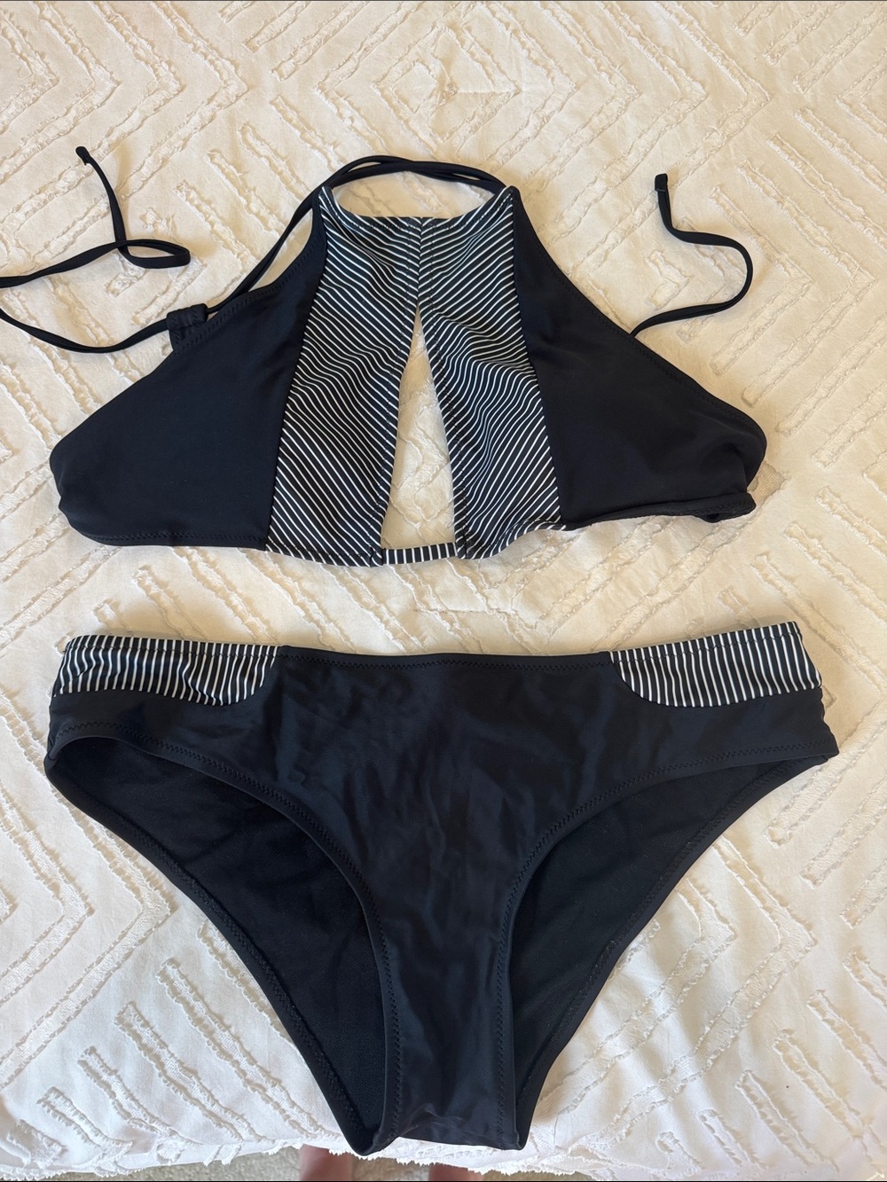 Black High-Neck Stripe Accent Bikini Set - Women Swim